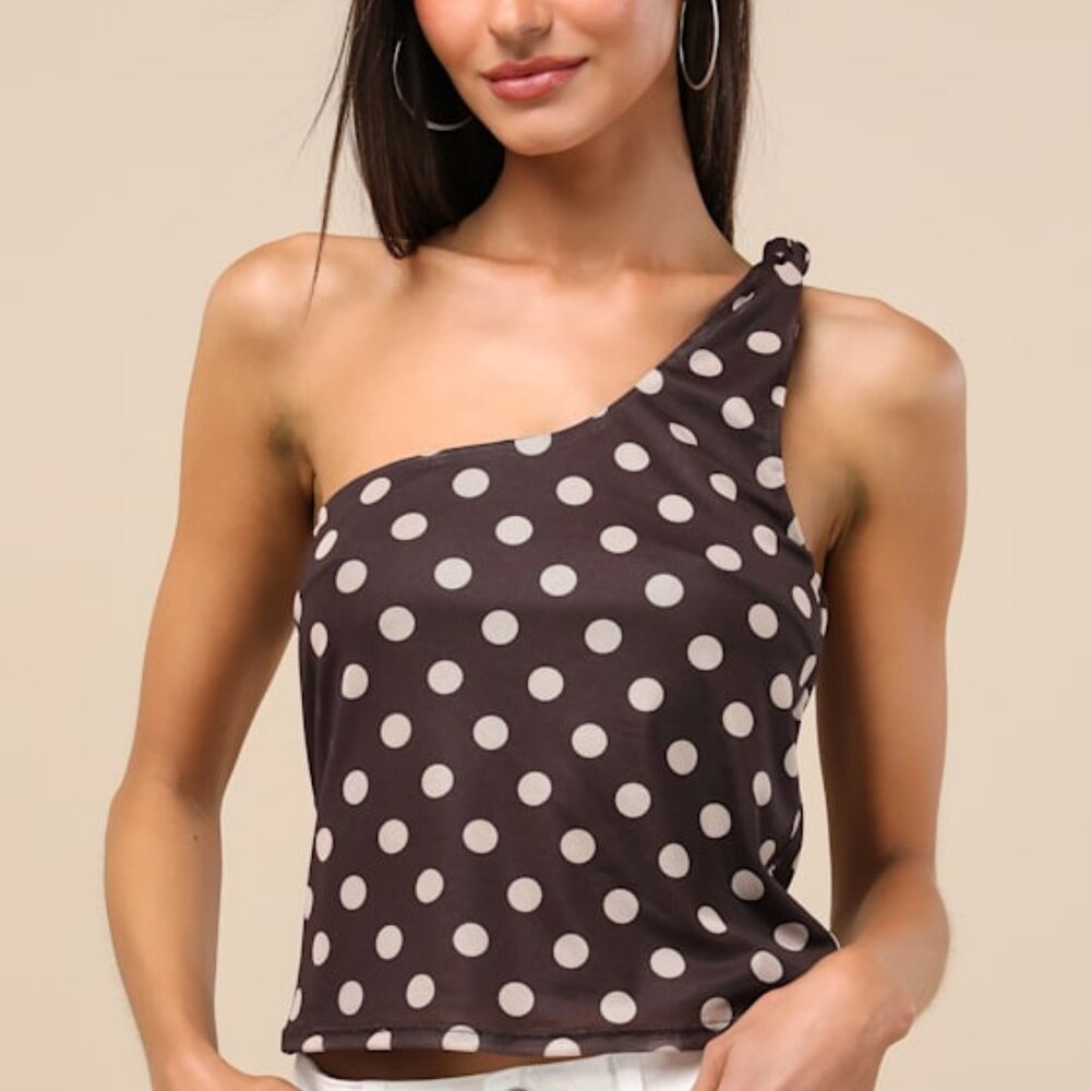 Lulus Saskia Chocolate Brown Polka Dot Mesh One-shoulder Top - Size M
